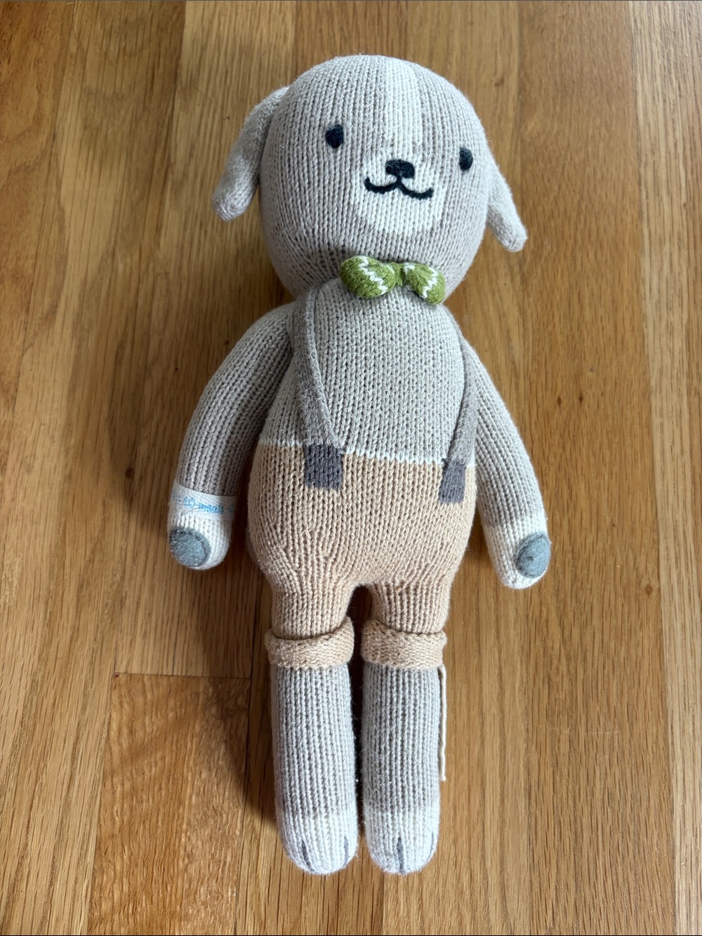 Noah the Dog Plush Beige Knit Toy with Green Bow Accent